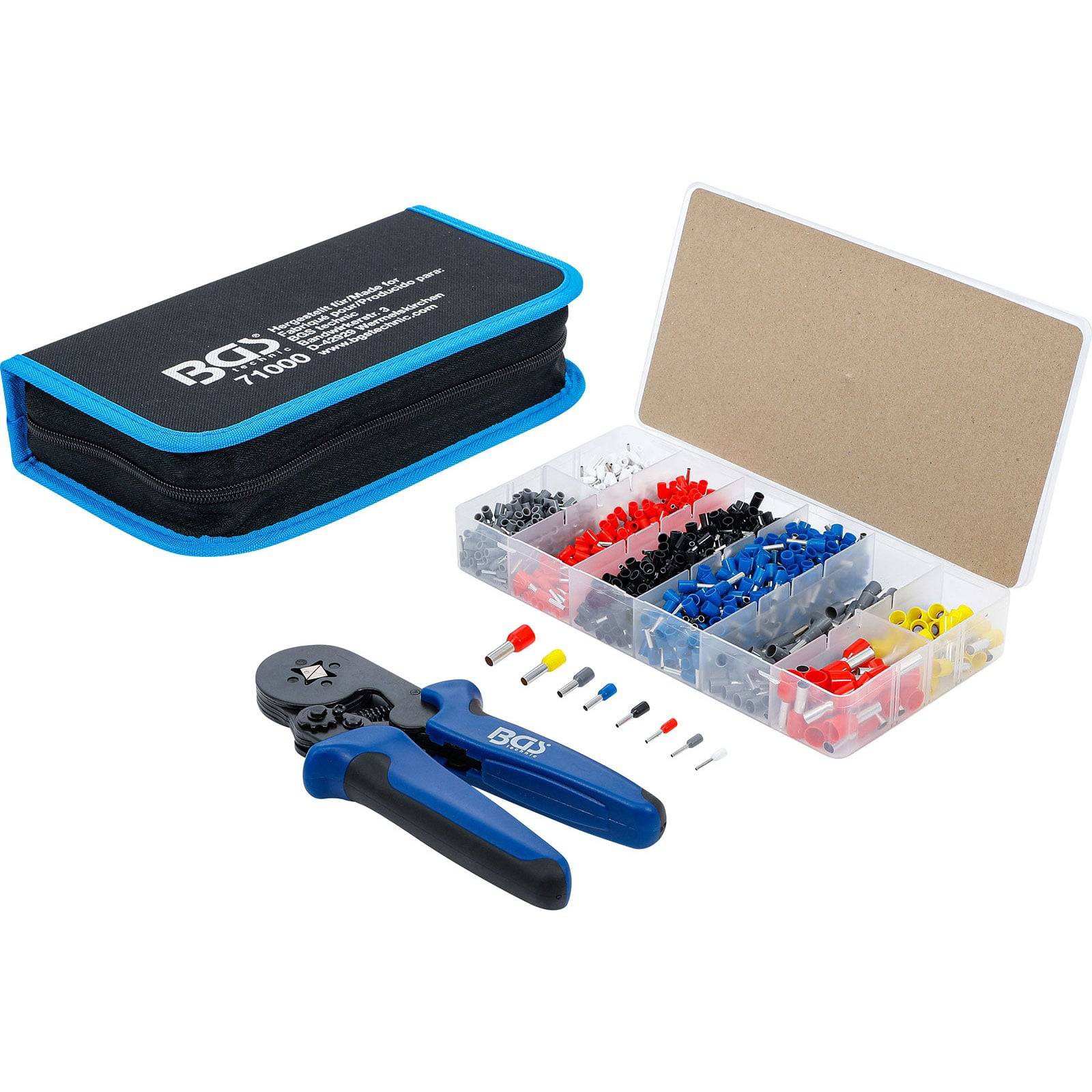 Ein blau-schwarzes Werkzeugset mit einem Koffer mit der Bezeichnung BGI 71000 enthält ein Crimpzange und eine Auswahl farbiger Drahtverbinder in einer Kunststoffbox.