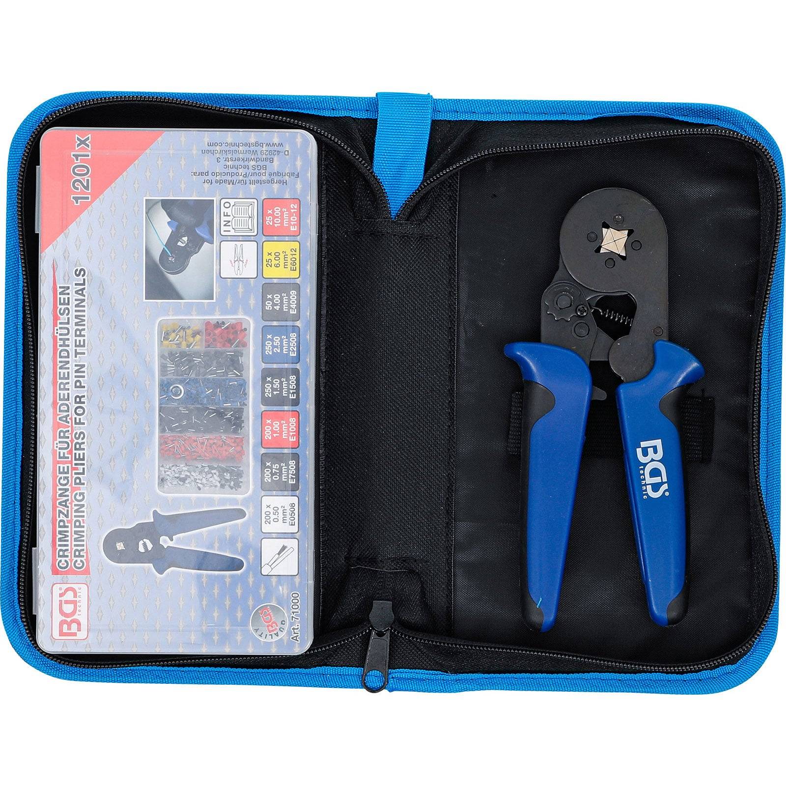 Ein blaues Werkzeugset mit einem Crimpwerkzeug und mehrfarbigen elektrischen Steckverbindern, die in einer unterteilten Box organisiert sind.