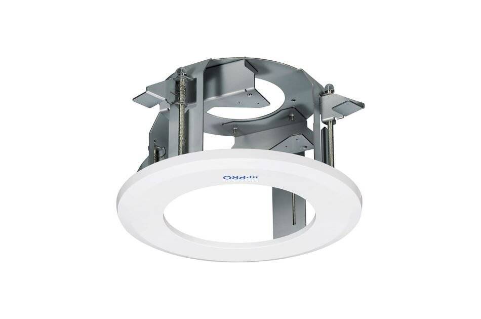 Eingebaute runde LED-Leuchte mit weißem Zierring und Metallmontageklammer, isoliert auf weißem Hintergrund dargestellt.