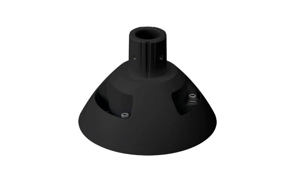 Schwarze konische Befestigungsbasis mit zentraler zylindrischer Buchse und zwei sichtbaren Schrauben, dargestellt auf weißem Hintergrund.