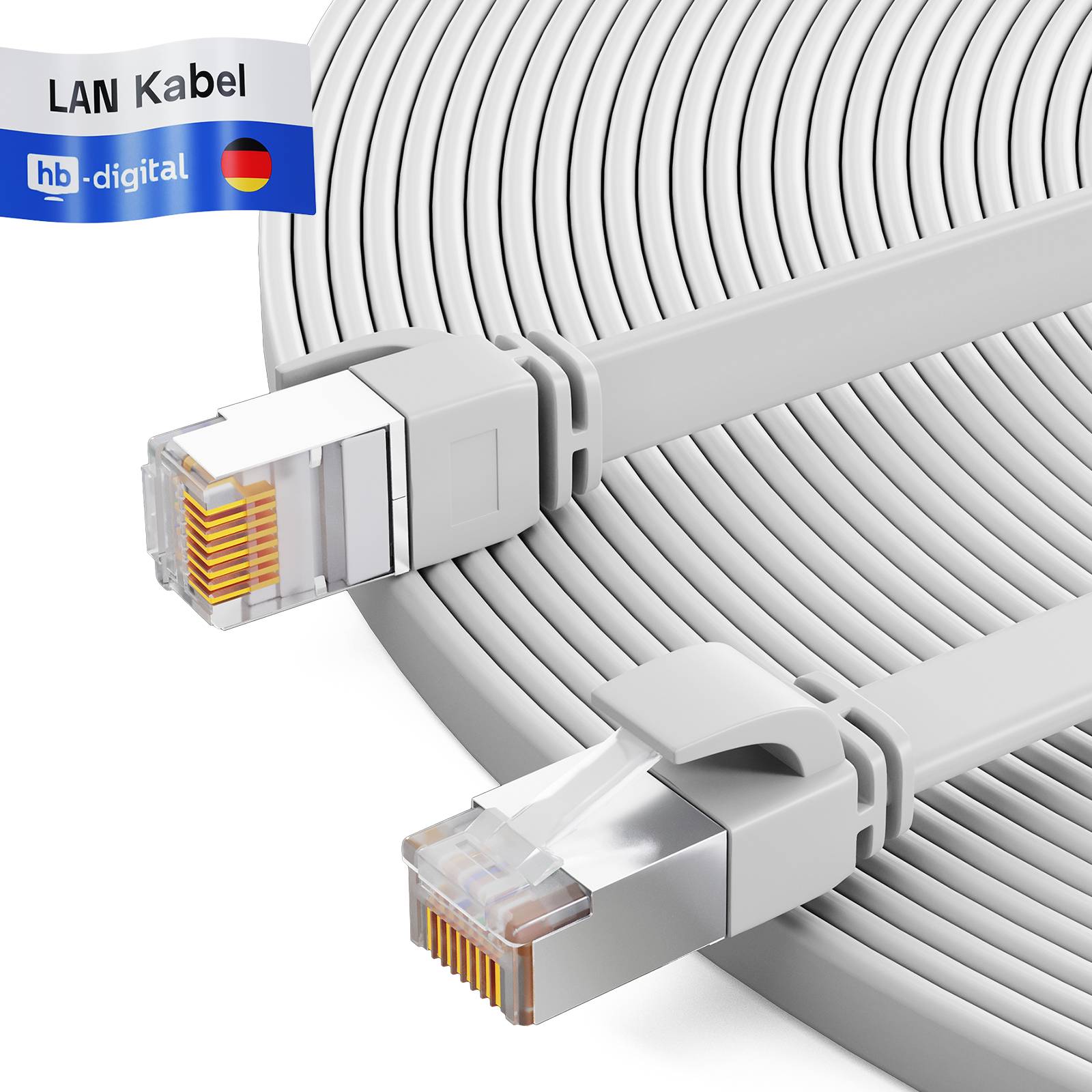 hb-digital Netzwerkkabel flach 10m Patch Kabel CAT7 RJ45 U/FTP PVC weiß