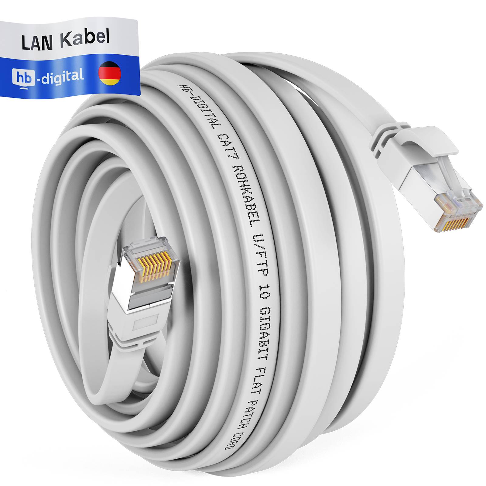 hb-digital Netzwerkkabel flach 30m Patch Kabel CAT7 RJ45 U/FTP PVC weiß