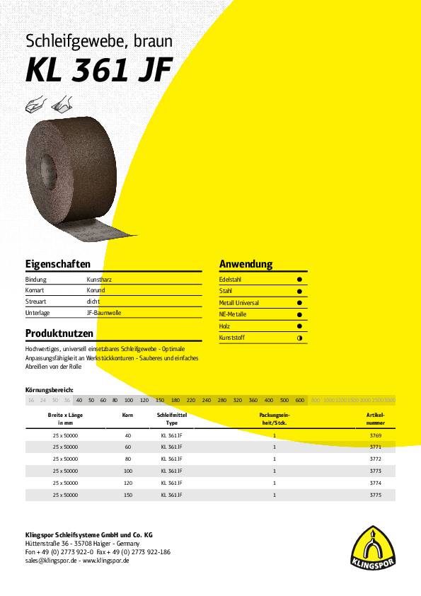 Schleifgeweberolle KL 361JF 25mm K.80 f.Metall Korund KLINGSPOR