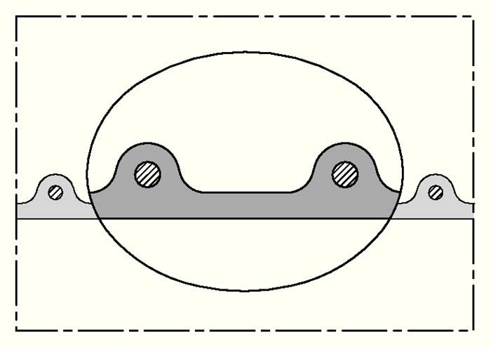 Querschnittsdiagramm, das eine ovale Form mit zwei inneren Kreisen und einem grauen Bereich in der Mitte zeigt, der Verbindungspunkte andeutet.