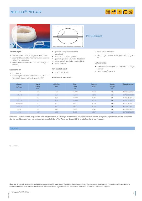 PTFE-Lebensmittelschlauch ID 16mm AD 10,00mm L.50m Wandst.1,00mm