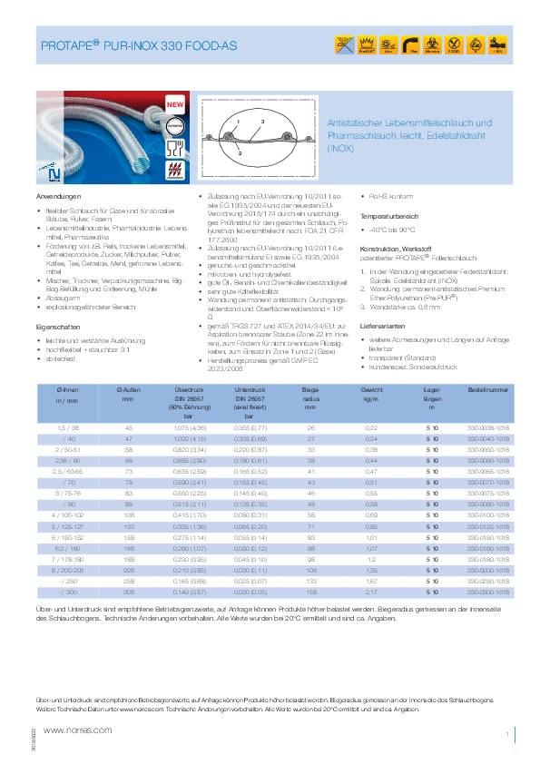 PU-Lebensmittelschlauch ID 100-102mm AD 108,00mm L.10m Wandst.4mm