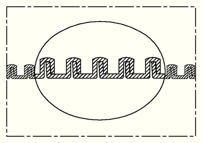 Querschnittsdiagramm eines mechanischen Objekts mit verschachtelten Zickzack-Mustern innerhalb eines kreisförmigen Rahmens, was auf Zahnradinteraktion hindeutet.