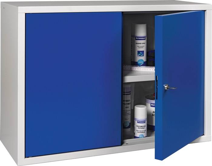 Hängeschrank H600xB800xT300mm Vollblech,1 BD Stahlbl.lichtgrau/enzianblau