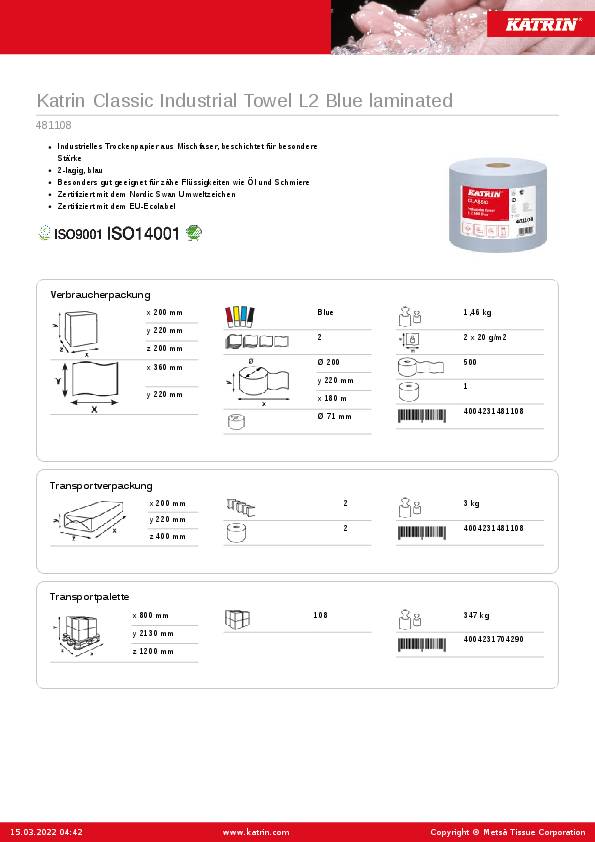 Putztuchrolle Katrin Classic L 2 L180xB220ca.mm blau 2-lagig 2 RL/VE ELOS