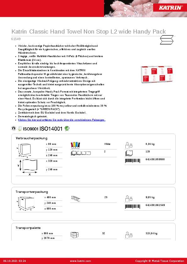 Falthandtuch Katrin Classic L 2 2-lagig weiß L240mm xB320ca.mm 3000 Tücher/KT