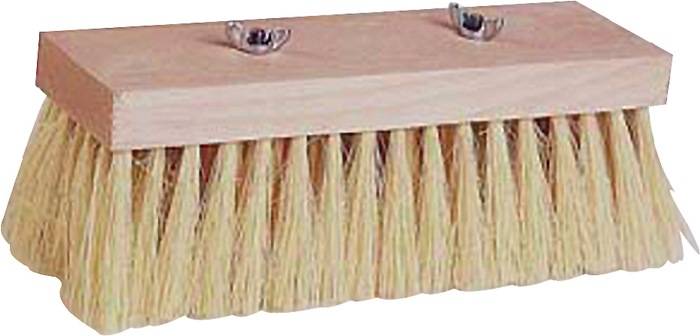 Holzbürste mit langen, steifen Borsten und zwei Metallschrauben oben zum Montieren oder Befestigen.