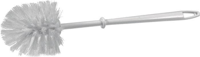 Eine weiße Gardinenstange mit glatter Oberfläche und einem dekorativen Ring in der Mitte, vor einem einfarbigen weißen Hintergrund.