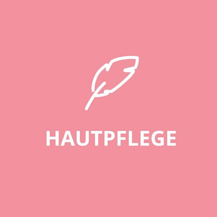 Ein weißes Federnsymbol auf rosafarbenem Hintergrund mit dem Wort 'HAUTPFLEGE' darunter, was Hautpflege symbolisiert.