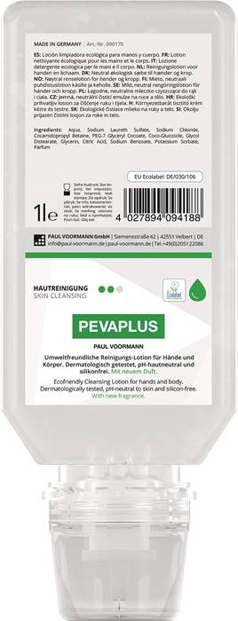 PEVAPLUS Hautreinigungslotion Etikett mit 1L Volumen. Dermatologisch getestet, umweltfreundlich für Hände und Körper, mit neuem Duft.