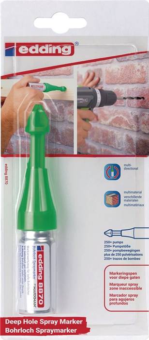 Ein Akkuschrauber mit einer grünen Mehrrichtungsdüse ist abgebildet. Die Verpackung betont seine Fähigkeit, auf verschiedenen Materialien zu arbeiten.