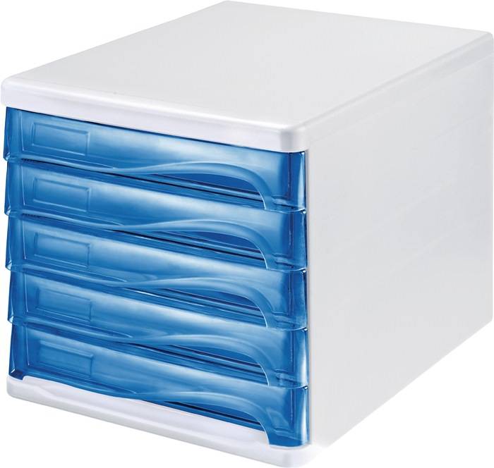 Schubladenbox 5 Schubl.weiß/blautransparent Ku.H245xB265xT340mm HELIT