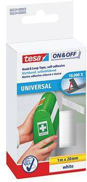 Packung tesa ON&OFF Universal-Klettband, 1 m x 20 mm, weiß, zeigt eine Hand, die grünes Band hält, und die Angabe „10.000x