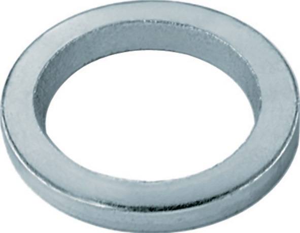 Eine silberne metallische Unterlegscheibe mit runder Form und glatter Oberfläche, die üblicherweise in mechanischen Anwendungen zur Lastverteilung verwendet wird.