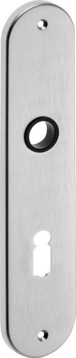 Ein Edelstahlknopf mit schwarzem Rand auf einer Metalloberfläche, der wie ein schlanker, moderner Schalter oder eine Türklingel aussieht.