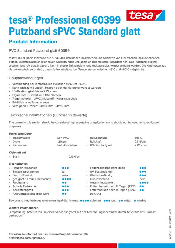 PVC Putzband 60399 Stand.weiß L.33m B.50mm TESA