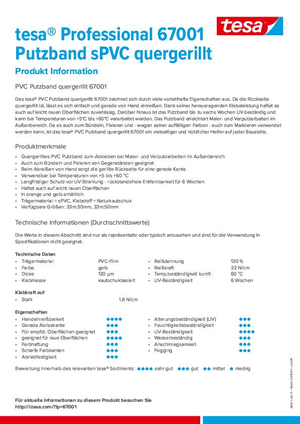 PVC Putzband 67001 quergerillt gelb L.33m B.50mm TESA
