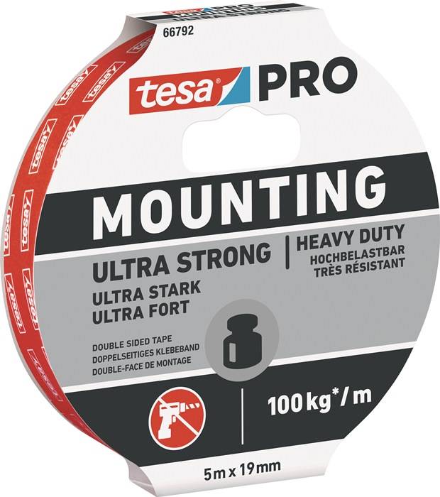 Tesa Pro Befestigungsband Ultra Strong, Heavy Duty, 100kg/m. Doppelseitiges Klebeband-Rolle.
