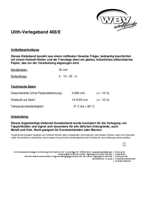 Doppelseitiges Verlegeband 468/E L.10m B.50mm beige Gesamtdicke 0,08mm Rl.ULITH