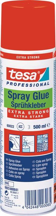 Professioneller Sprühkleber', 'Extra Strong', zeigt die Klebkraft an; 500 ml Dose, geeignet für vielfältige Anwendungen.