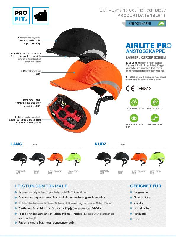Anstoßkappe Airlite Pro 54-64cm neonorange Schirmlänge 2,5cm EN 812:2012 PROFIT