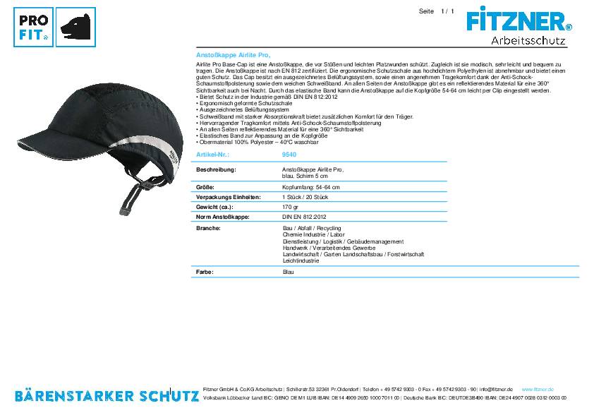 Anstoßkappe Airlite Pro 54-64cm blau Schirmlänge 5cm EN 812:2012 PRO FIT