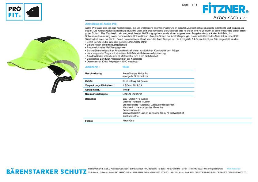 Anstoßkappe Airlite Pro 54-64cm neongelb Schirmlänge 5cm EN 812:2012 PRO FIT