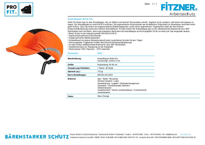 Anstoßkappe Airlite Pro 54-64cm neonorange Schirmlänge 5cm EN 812:2012 PRO FIT