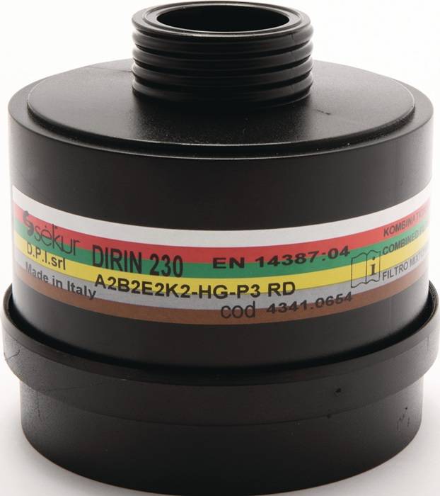 Ein schwarzer und roter industrieller Filter mit Aufschrift: 'Sakur DIRIN 230, A2B2E2K2-HG-P3 RD', zertifiziert nach EN 14387-04. Hergestellt in Italien.