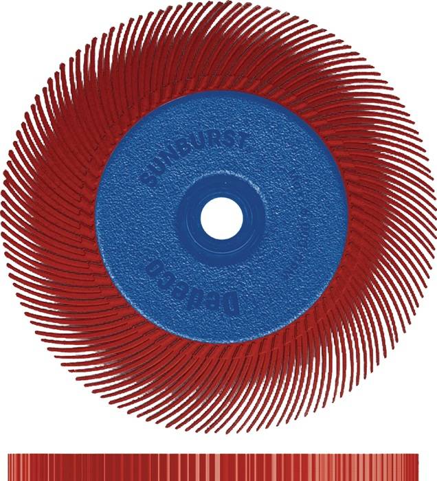 Eine runde, blaue Schleifscheibe mit eng beieinanderliegenden, dünnen roten Borsten, die nach außen abstrahlen, mit der Aufschrift 
