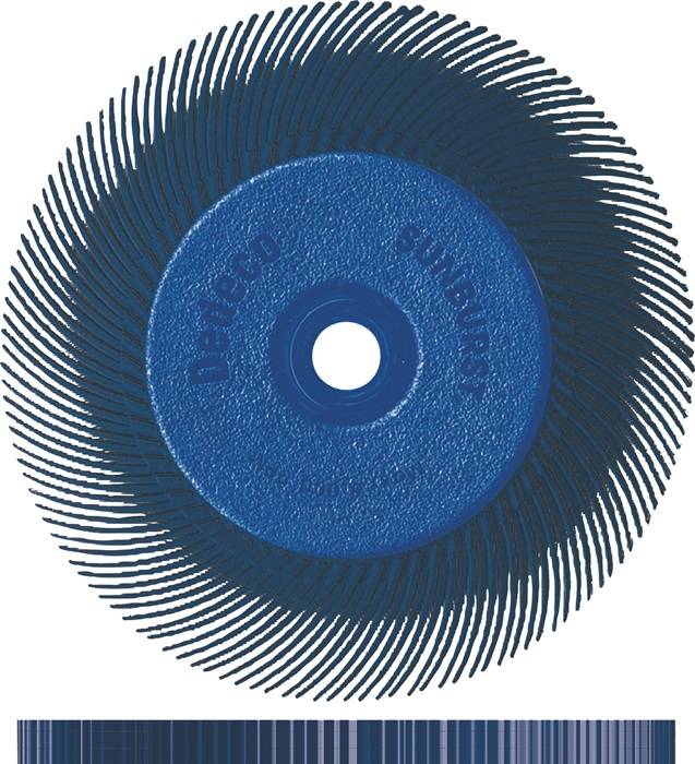 Kreisförmige Trennscheibe mit gezackten Kanten und einem zentralen Loch. Die Scheibe ist blau und trägt die Worte 'Dedeco' und 'Rubber'.