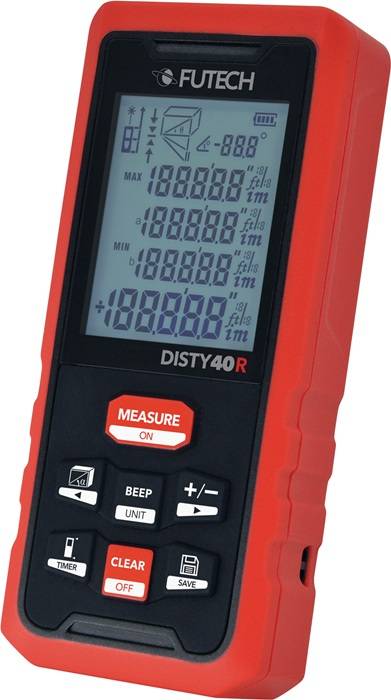 Tragbares digitales Entfernungsmessgerät mit Display, das Messungen in Metern anzeigt. Rotes Gehäuse mit Tasten für Messung, Einheit und Einstellungen.