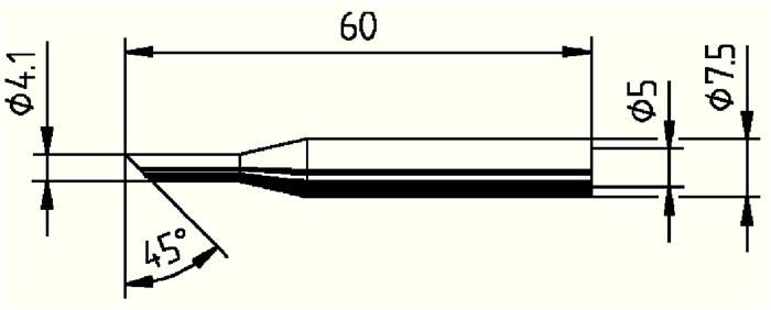 Ein technisches Diagramm eines kegelstumpfförmigen zylindrischen Objekts, mit einer Länge von 60 Einheiten gekennzeichnet, möglicherweise ein Werkzeug oder Instrument anzeigend.