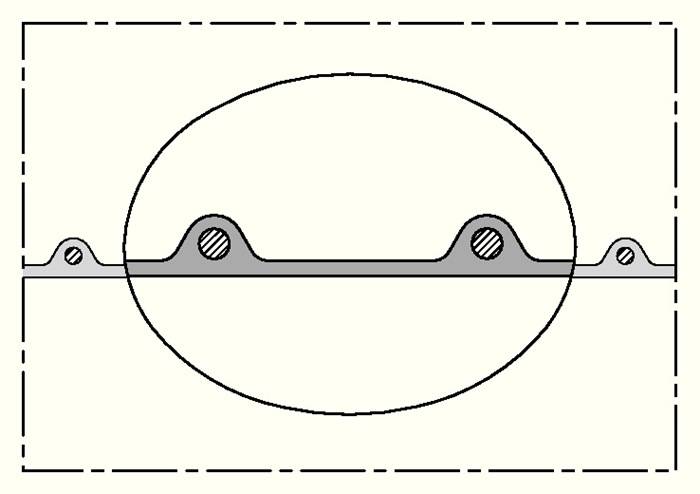 Eine technische Zeichnung, die ein ovales Objekt mit einer horizontalen Linie durch seine Mitte und zwei kleinen kreisförmigen Details im Inneren des Ovals zeigt.
