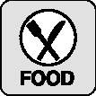 Ein Symbol mit einer gekreuzten Gabel und einem Messer innerhalb eines Kreises, mit dem Wort ‚FOOD' darunter, das einen Speisebereich oder die Verfügbarkeit von Nahrung anzeigt.