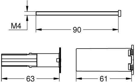 Eine technische Zeichnung einer Schnittansicht zeigt ein zylindrisches Objekt mit einer Länge von 90 mm, mit Endansichten, die einen Durchmesser von 63 mm anzeigen.