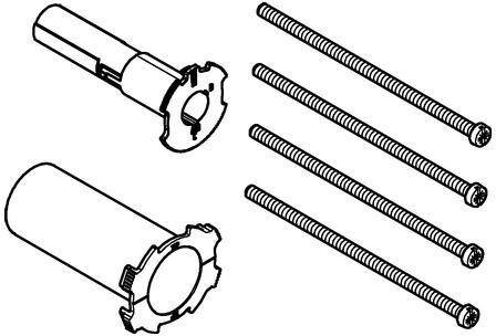 Illustration von mechanischen Komponenten, einschließlich zwei zylindrischer Teile mit zahnradähnlichen Enden und vier Gewindestangen, die einen Montageprozess nahelegen.