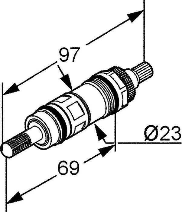 Technische Zeichnung einer zylindrischen Welle oder Kartusche mit Gewinde an den Enden, die Abmessungen 97, 69 und Durchmesser 23 zeigt.