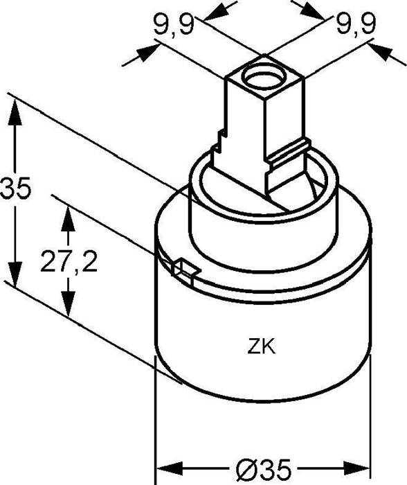 Technische Zeichnung eines Zylinderbauteils mit der Bezeichnung 'ZK' mit quadratischem oberen Schaft und Mittenloch, zeigt die Abmessungen 35, 27,2, 9,9 und Durchmesser Ø35.