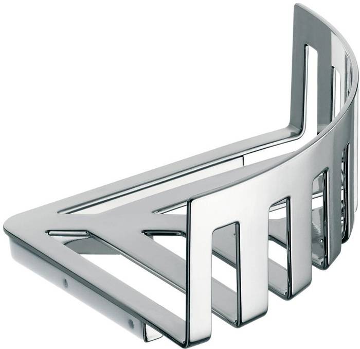 Silberner, wandmontierter Eckbadregal mit modernem, offenem Lamellenentwurf zum Aufbewahren von Badezimmerartikeln.