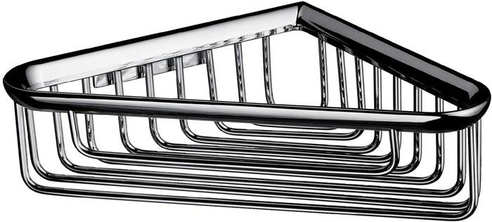 Ein Chrom-Duschablage mit horizontalen Stangen, die für die Aufbewahrung von Badezimmeressentialen konzipiert sind, vor einem weißen Hintergrund montiert.
