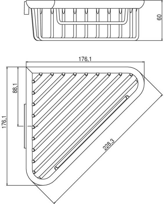 Eine technische Zeichnung eines dreieckigen Regals mit den Abmessungen: Basis 228,3, Höhe 176,1 und Breite 88,1. Linien deuten auf Strukturdetails hin.