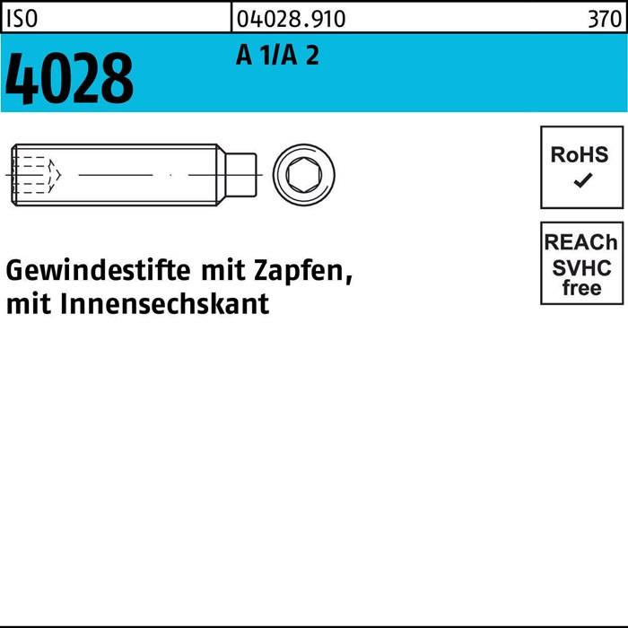 Gewindestift ISO 4028 Zapfen/Innen-6kt M5x 16 A 1/A 2 500 Stück
