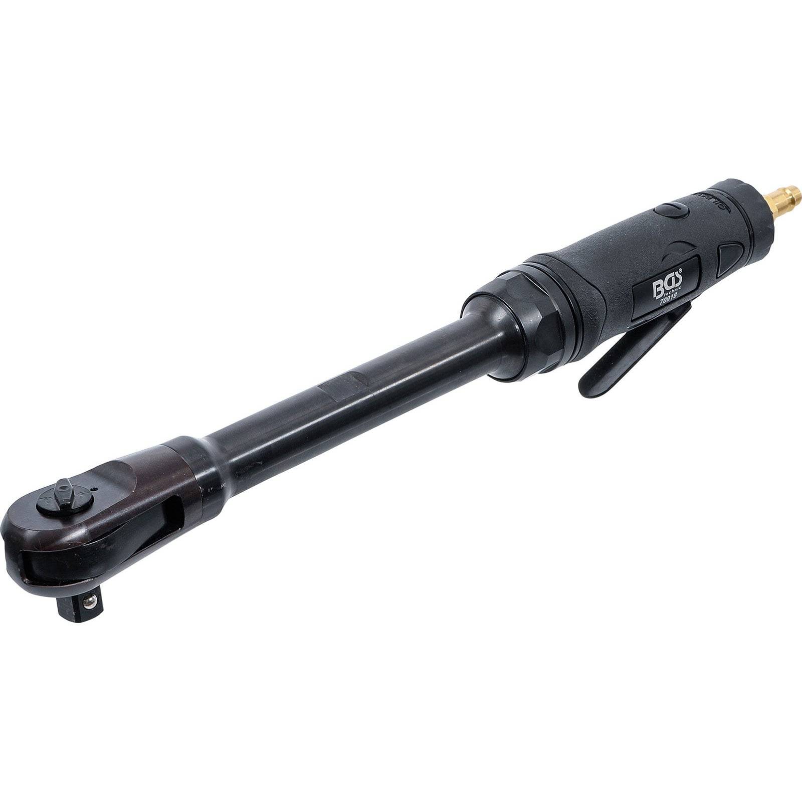 Ein pneumatischer Ratschenschlüssel mit schwarzem Griff und Auslöser, ausgestattet mit einem quadratischen Antrieb am Kopf für den Socketanschluss.