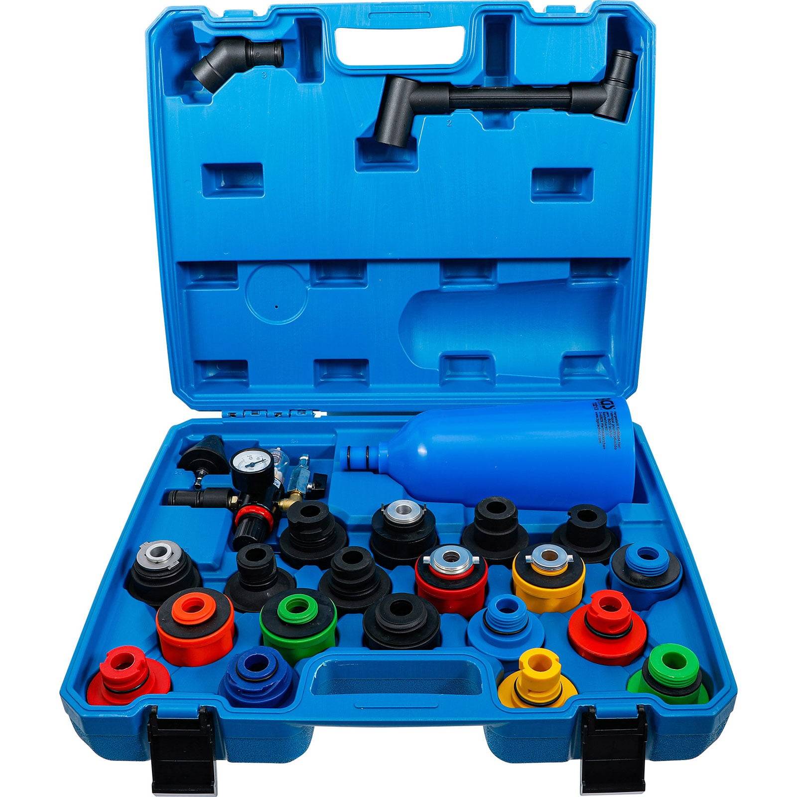 Blaue Plastikbox mit verschiedenen mehrfarbigen Kühlerverschlussdeckeln für Drucktest, einem Druckmesser und einer blauen Pumppflegeflasche.