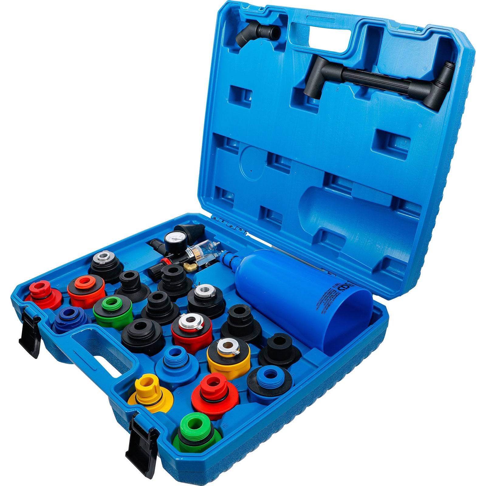 Eine blaue offene Kiste, die einen Satz farbenfroher Werkzeuge und Adapter zum Prüfen von Kühler und Kühlmitteldruck zeigt.
